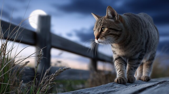 A beautiful tabby cat walking under a full moon at night. - Powered by Adobe