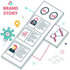 Illustration of brand story elements including lightbulb, location pin, documents, lock and megaphone on white