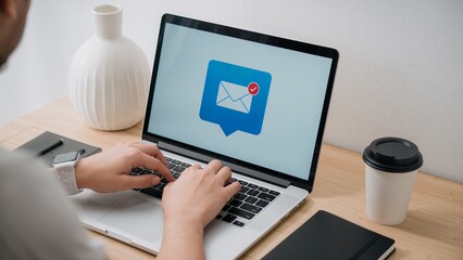 Person typing on laptop with email notification icon on screen