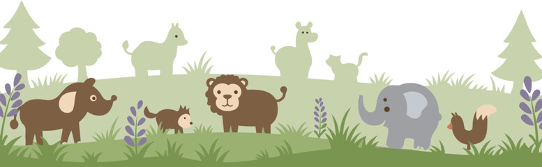 Obraz premium Cartoon animal silhouettes in a serene meadow setting. Cute animals in a grassy landscape with trees. Children's book illustration. home decor -
