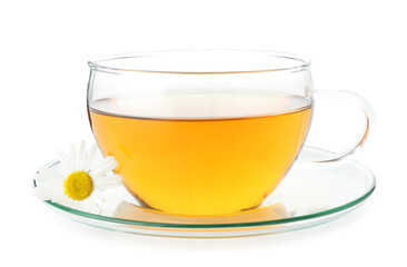 Aromatic tea in glass cup and chamomile flowers isolated on white