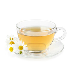 Aromatic tea in glass cup and chamomile flowers isolated on white