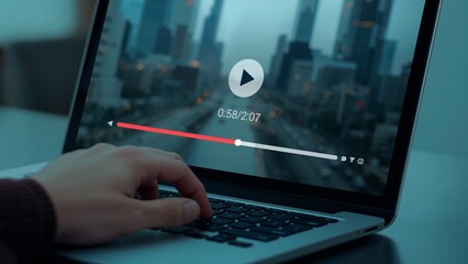 Person watching video on laptop with play button and progress bar