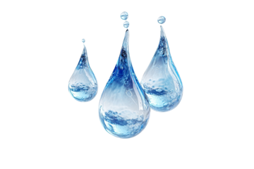 Three stylized water droplets, light blue,  with detailed texture,  appear to be  hanging in the air