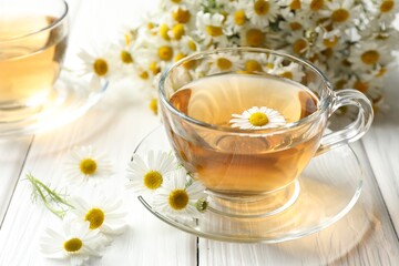 Aromatic tea in glass cup and chamomile flowers on white wooden table, closeup