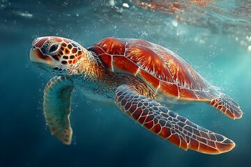 Sea turtle swimming underwater with sun rays filtering through the water
