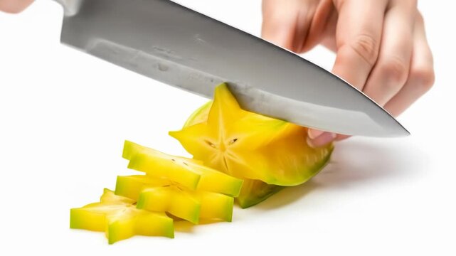 Cutting exotic carambola fruit with knife on bright white surface