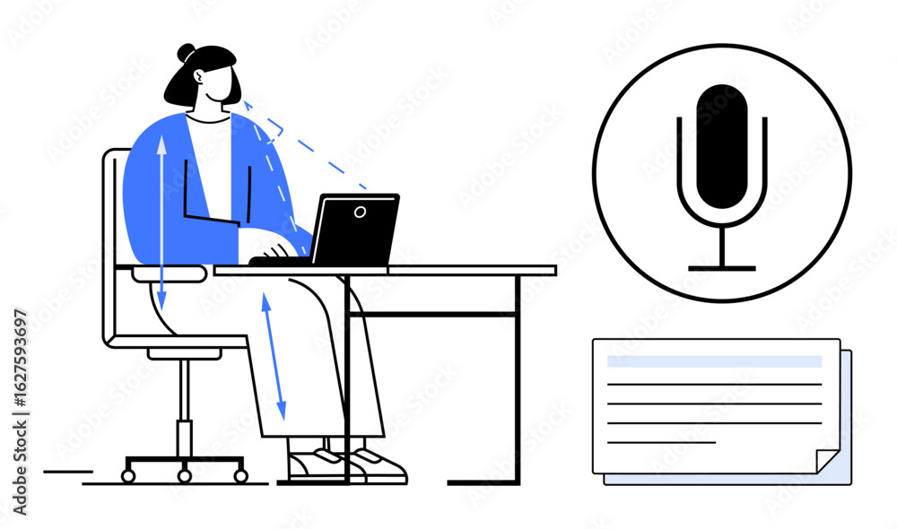 Poster woman at desk using laptop, microphone icon signaling audio input, and notepad for documentation. id