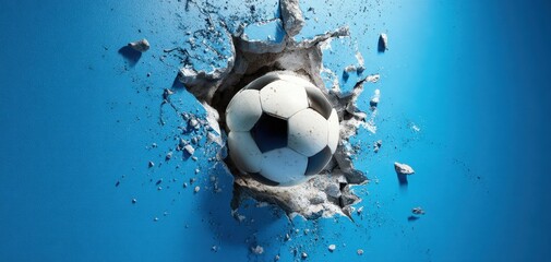 The Soccer Ball Breaking Through a Blue Wall with Debris Surrounding It
