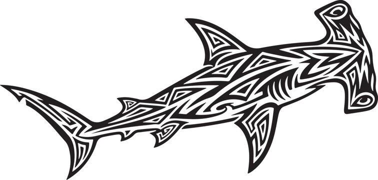 Vector art of hammerhead shark with tribal pattern isolated on white background marine animal predator with unique design vector illustration of wildlife isolated on white background
