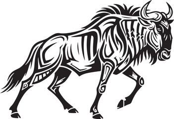 Illustration of a wildebeest isolated on white background, showcasing its distinctive features and wild nature in a simple and elegant design isolated on white background