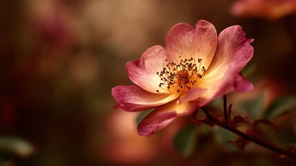 Obraz premium Delicate pink rose in soft focus with warm sunlight