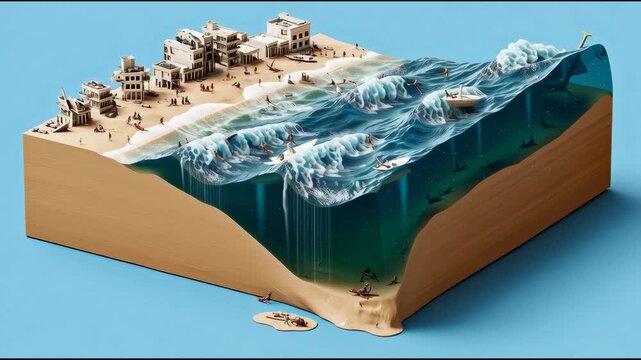 3D infographic showing tsunami formation from tectonic plate movement, underwater earthquake to coastal impact
