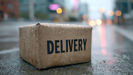 Wet delivery package on a rainy street with bokeh background.