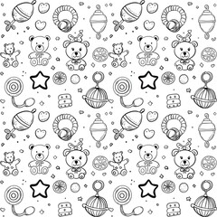 A seamless hand-drawn pattern in black and white featuring baby toys, teddy bears, and nursery elements. Perfect for coloring pages, baby shower invitations, textiles, and children’s products