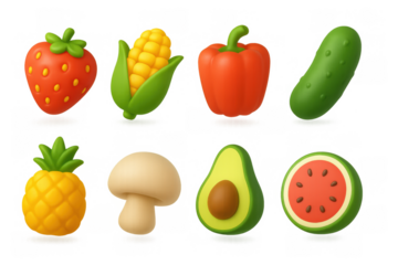 Colorful 3d cartoon style fruits and vegetables icons set