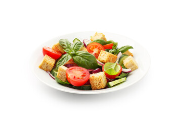 Delicious salad with croutons, vegetables and basil isolated on white