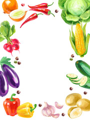 Watercolor painted spices and vegetables food product frame. Cookbook cover design, recipe book illustration