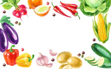 Watercolor and gouache painted spices and vegetables food product frame. Cookbook cover design, recipe book illustration