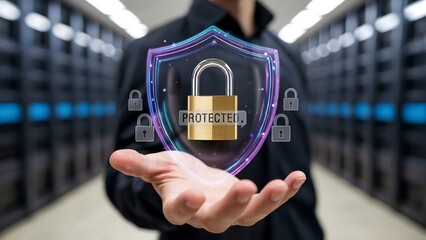 A hand holds a digital shield with a padlock, representing cyber security and data protection in a server room