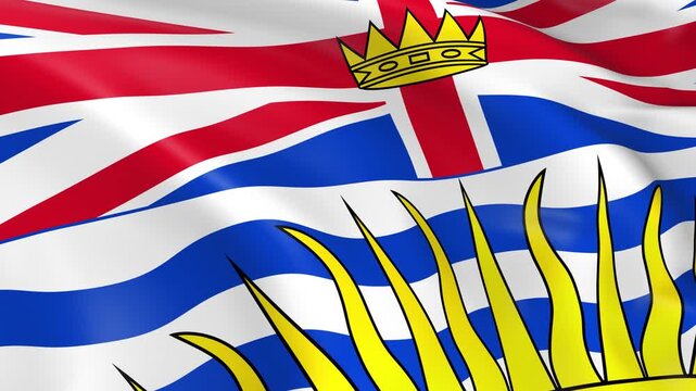 Photo realistic slow motion 4KHD flag of the British Columbia Province waving in the wind.  Seamless loop animation with highly detailed fabric texture in 4K resolution.