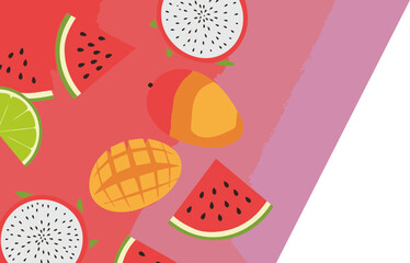 Colorful fruit slices arranged on a gradient background. Vibrant slices of watermelon, mango, dragon fruit, and lime, arranged in a casual, flat-lay style.