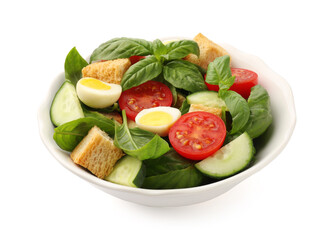 Tasty salad with croutons, tomatoes, cucumbers and basil isolated on white