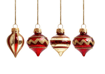 Four vintage-style Christmas ornaments, teardrop shapes, red and gold details, hanging