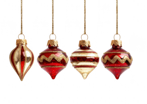 Four vintage-style Christmas ornaments, teardrop shapes, red and gold details, hanging