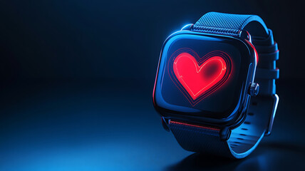 Blue Smart Fitness Watch 3D Render with Heart Rate Monitor and 3D Heart Symbol