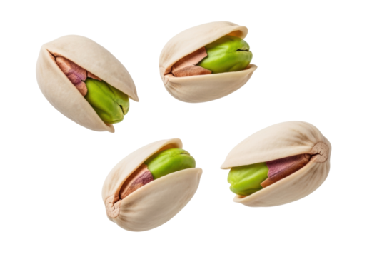 Four vibrant bright green pistachios, each meticulously detailed with natural textures, peeking from partially opened light off-white shells, levitating on a transparent studio background with soft - Powered by Adobe