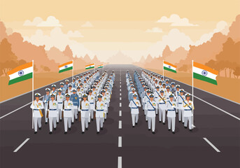Obraz premium Indian military personnel in white uniforms marching in a grand parade on a long road, flanked by Indian flags.