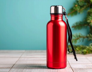 Red insulated water bottle on a light wood surface