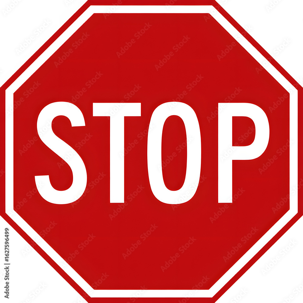 Poster a close-up view of a red and white octagonal road sign displaying the word 