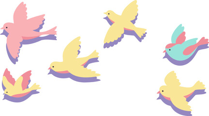 Obraz premium Colorful paper birds in flight against a lavender background. Flying birds in pastel colors against a pastel background. Children's illustration of birds in flight. flat lay style.