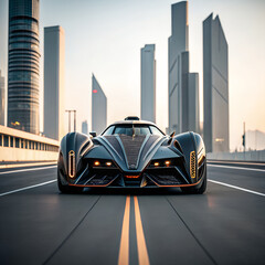Futuristic Supercar in Modern Cityscape &ndash; Sleek Black Hypercar on Urban Road