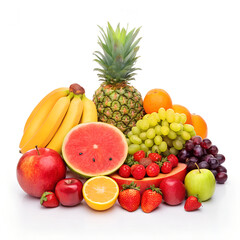 Colorful Fresh Fruit Assortment &ndash; Healthy Tropical & Seasonal Fruits on White Background