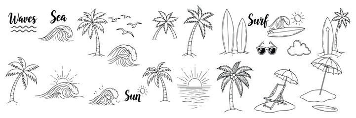 Fototapeta premium Summer Vacation Doodle Set Palm Trees, Surfboards, Waves & Beach Elements