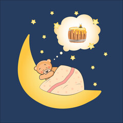 An illustartion of a bear sleeping on the moon and dreaming of honey.