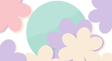 Pastel flowers with overlapping petals in various pastel shades of pink, lavender, and cream, against a white background with mint-green circles.