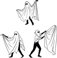 "Funny Human Ghost Costume Silhouettes – Vector Illustration of People Dressed as Classic Sheet Ghosts for Halloween and Spooky Party Themes"