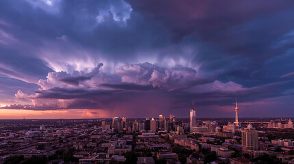 Dramatic sunset over a cityscape with a massive, purple thunderstorm forming overhead, complete with lightning.