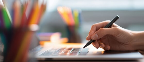 The creative hand writing on a laptop in a vibrant workspace