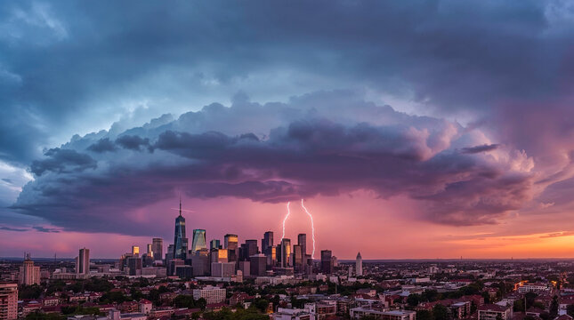 A dramatic storm rolls in over a city skyline at sunset, with streaks of lightning illuminating the purple and pink clouds.