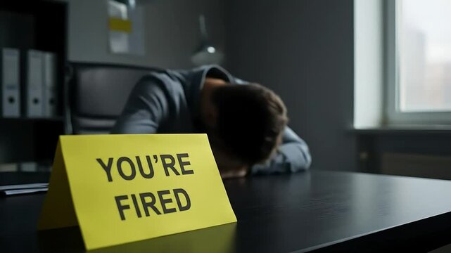 Close Up View Of Yellow 'Youre Fired' Sign On Desk And Despondent Man in Grey Shirt Leaning In An Office Setting