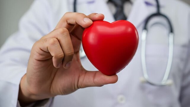 Close Up Of Medical Professional Presenting Red Heart With Stethoscope Against White Medical Coat Background