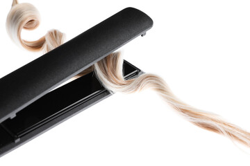 Straightener with blonde hair lock isolated on white
