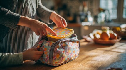 Mother packing school lunchbox and backpack for child in kitchen