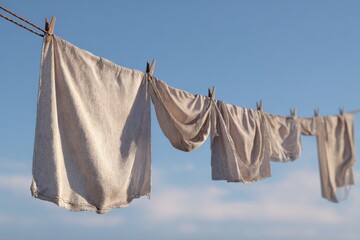 Linen clothes flutter softly on an outdoor line in the breeze, capturing simplicity, freshness, and everyday beauty.