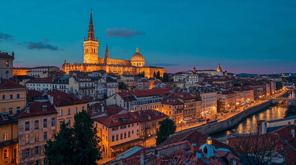 Fototapeta premium A picturesque cityscape bathed in the warm glow of twilight, featuring illuminated buildings, a prominent cathedral, and a serene river.